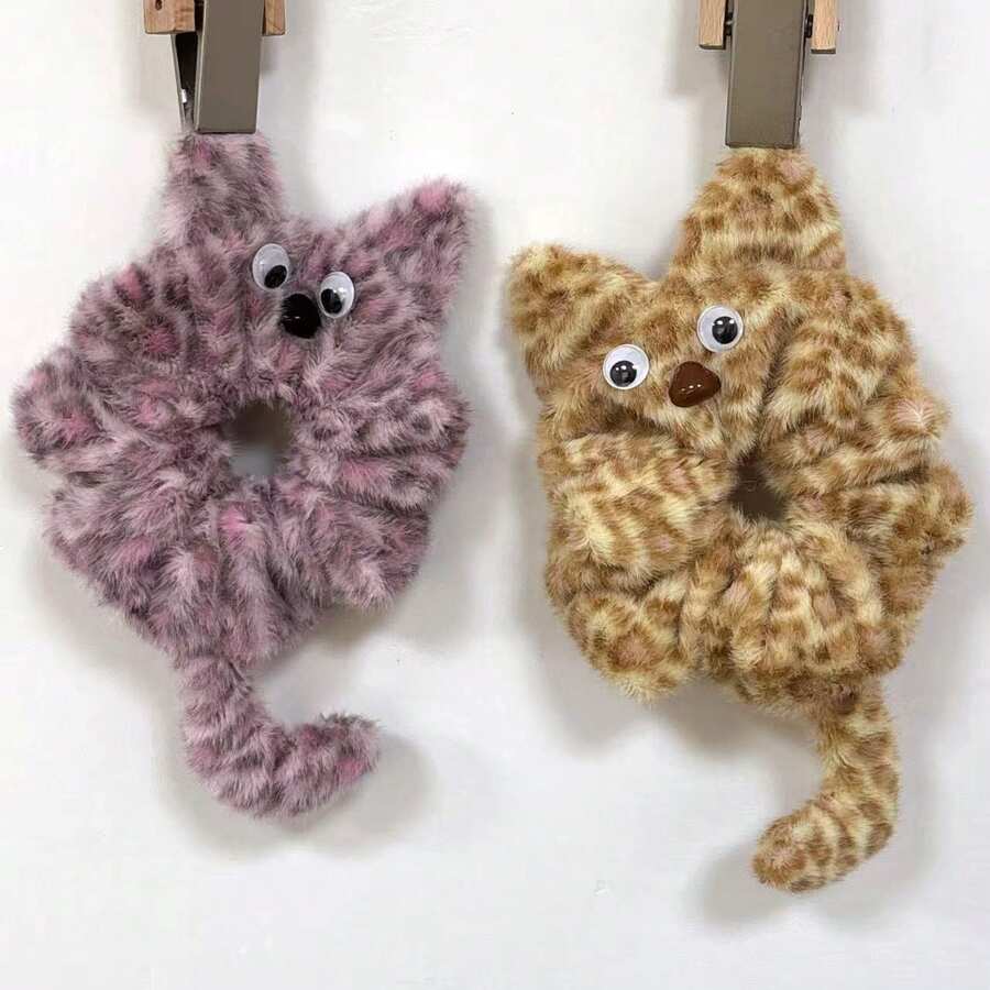 1pc Cute Animal Polyester Hair Scrunchie, 3D Cat Pattern, Versatile Elastic Hair Tie, Sweet & Adorable For Ponytail