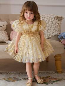 Baby Girls Champagne Puff Sleeve Mesh Tulle Peplum Dress, Princess Party Dress Suitable For 1st Birthday, Wedding, Banquet, Party, Holiday Celebration - Champagne - View 8