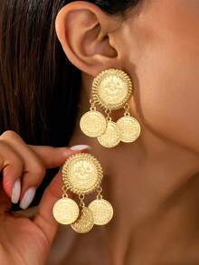 1 Pair Vintage Elegant Gold Coin Badge Earrings, Women's Daily, Party, Wedding Gift Accessories - Yellow Gold - View 5