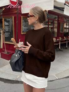 HoloChill 女士休闲圆领纯色套头毛衣，夏季休闲新款嘉年华 - 咖啡棕 - 查看 2