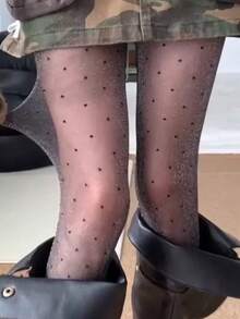 1 Pair Women's Black Sheer Glitter Silver Dot Pattern Tights, Luxury Sexy Minimalist Sexy Japanese Style, Hot Girl Transparent Stockings - Black - View 4