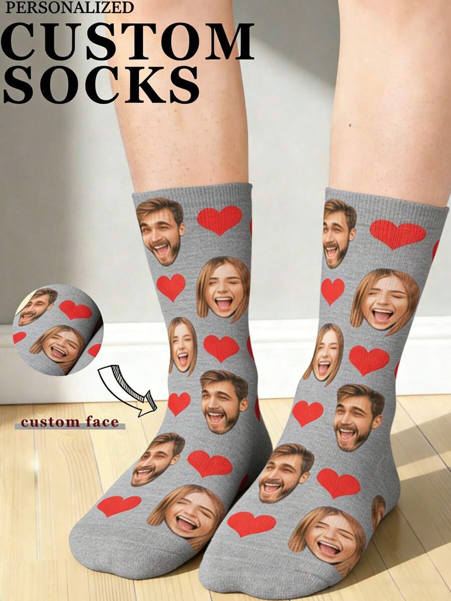 1 Pair Customized Face & Heart Pattern Comfortable Knit Couple Socks, Suitable For Anniversary/Gift - Grey - View 1