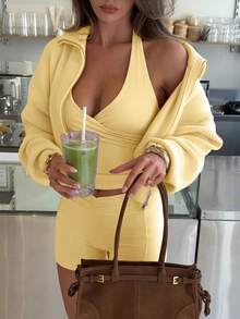 Soltrb Retro Zip-Up Cardigan Sweater For Women - Yellow - View 4