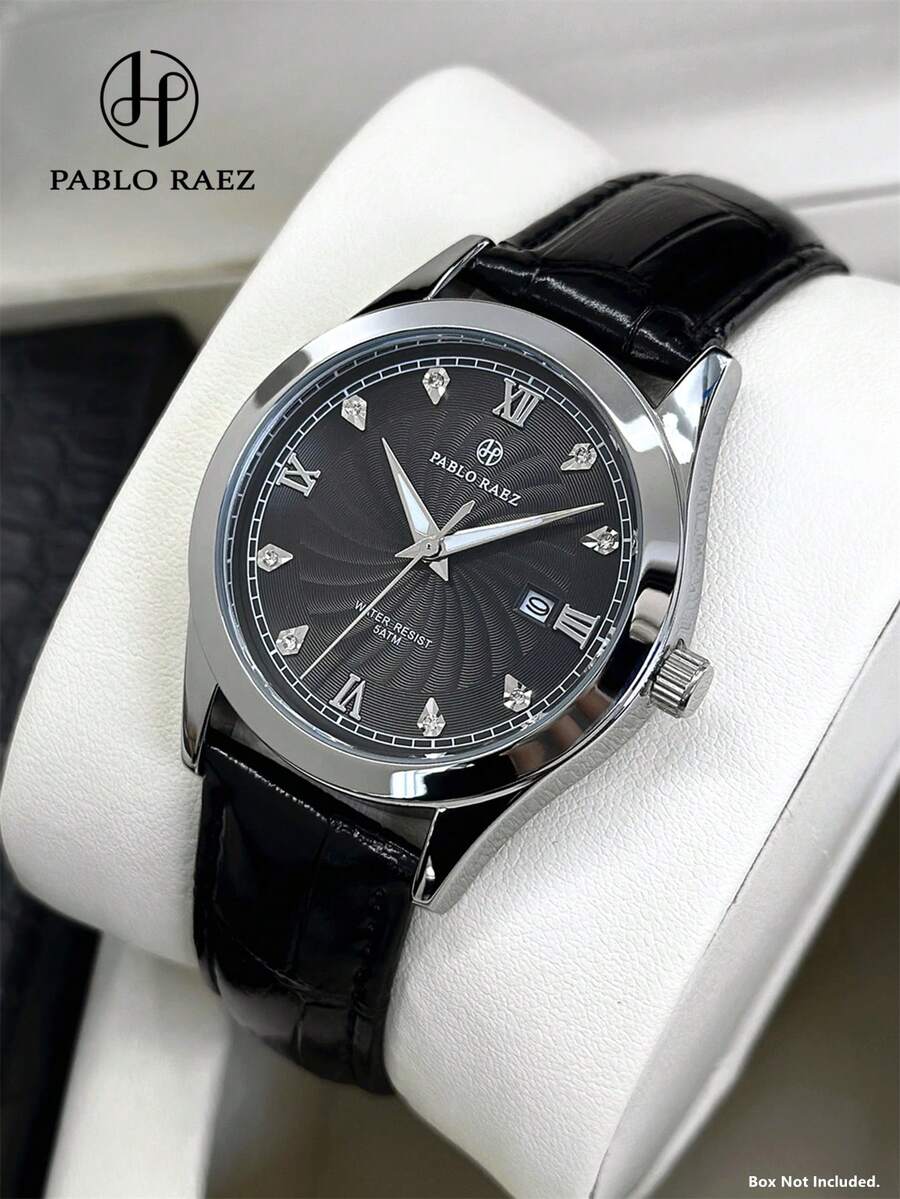 1件 PABLO RAEZ 商务绅士腕表，休闲男士腕表，不锈钢材质，尽显奢华魅力，银/黑色舒适皮革表带，3D钻石三角形刻度，日期显示，50米防水，全新AAA级品质男士石英腕表，运动优雅，精致教师节礼物