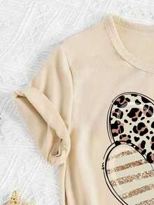 少女豹纹爱心图案短袖T恤和打底裤休闲日常穿搭 - 杏色 - 查看 3