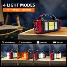 Solar & USB Rechargeable LED Lantern Flashlight, 1800mAh Nickel Battery, Tactical COB Work Light, 4 Modes, Emergency Power Bank Function, Portable For Camping IPX4 Waterproof - Yellow - View 4