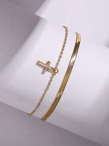 2pcs/Set Fashionable Minimalist Stainless Steel Blade Chain & Basic Thin Chain Layered Micro Pave Zirconia Cross Pendant Anklet Set, Suitable For Women Casual/Holiday Wear - Yellow Gold - View 3