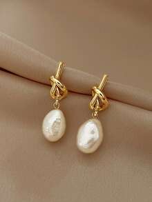 1 Pair 18K Gold Plated Stainless Steel French Luxury Pearl Earrings, Elegant High-End Unique Niche Design Earrings Suitable For Weddings, Galas, Music Festivals, Holidays, And Daily Wear - Gold - View 1