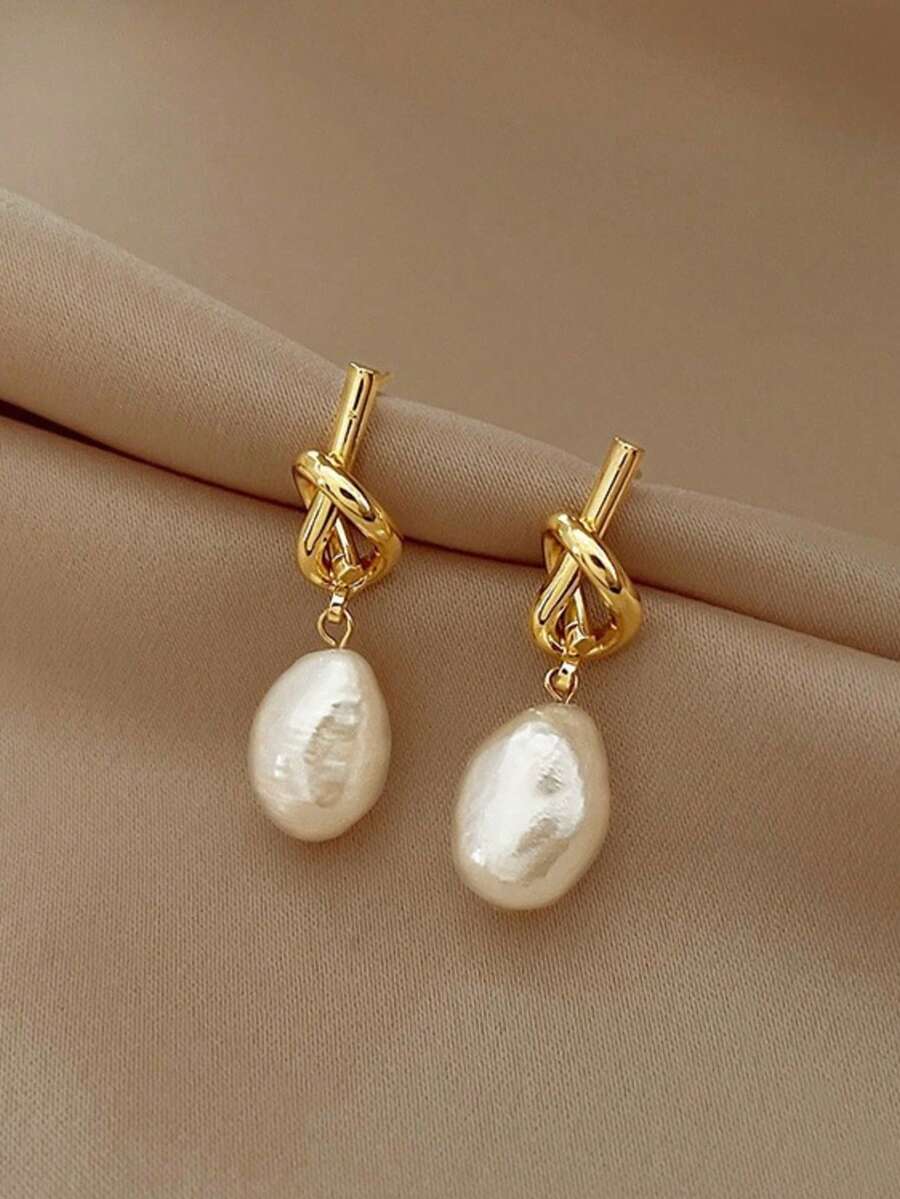 1 Pair 18K Gold Plated Stainless Steel French Luxury Pearl Earrings, Elegant High-End Unique Niche Design Earrings Suitable For Weddings, Galas, Music Festivals, Holidays, And Daily Wear - Gold - View 1