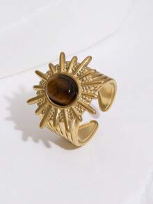 1pc Fashionable European & American Style Vintage High-End Personality Design Plated Stainless Steel Tiger Eye Natural Stone Geometric Open Ring, Suitable For Women's Daily, Party, And Date Wear - Multicolor - View 7