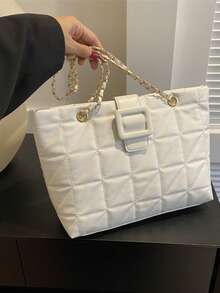 1pc Quilted Snap Closure PU Solid Color Handbag, New Vintage Soft Bag, Fashion Patchwork Underarm Bag, Relaxed Vibe, Large Capacity, Commute, Casual, Office, Work, Business, Date, Shopping, Suitable For Girlfriend, Best Friend, Women's Daily Use - White - View 6