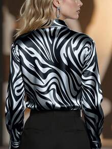 Allover Print Contrast Pattern Button-Up Long Sleeve Shirt For Office Wear Spring Vacation - Blue and White - View 3