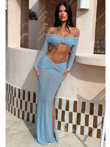 女士优雅纯色抹胸长袖比基尼套装，搭配网眼沙滩裙，金色海星装饰，打造休闲沙滩风格 - 藍色 - 查看 2