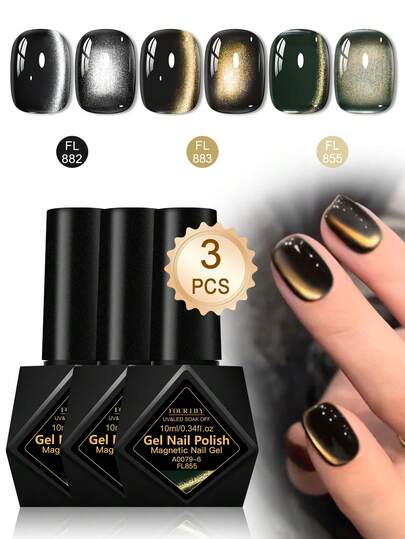  3支/套 FOUR LILY 10ml 黑色玻璃猫眼凝胶指甲油，磁性闪粉效果，可卸/LED凝胶美甲，无需底油，沙龙美甲，DIY美甲，无酒精配方，适合美甲爱好者