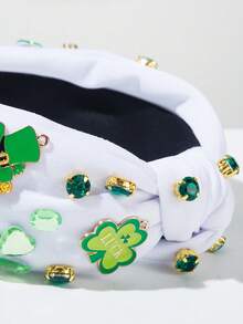 1件圣帕特里克节波西米亚风白色和绿色布料三叶草帽头箍，金属合金打结宽檐头饰，适合派对、庆典、游行、日常佩戴 - 白色 - 查看 3