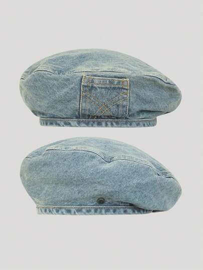 1pc Women's Vintage Distressed Denim Pocket Beret Hat, Large Head Circumference, Versatile Artistic Painter Cap, Octagonal Hat