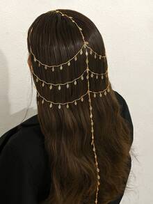 1pc Elegant Minimalist Leaf Tassel Chain Headband, Bridal Headpiece, Bohemian Hair Accessory, Wedding/Party Gift - Golden - View 3