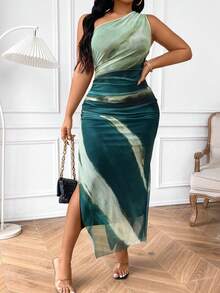 Pretty and Ole 大码夏季扎染印花连衣裙，不对称领口，褶皱腰部和侧开衩长款女装 - 彩色 - 查看 5