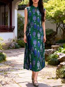 Đầm sườn xám kiểu Trung Quốc không tay in hoa mùa hè dành cho nữ, xẻ tà, thiết kế hai lớp, thanh lịch, thích hợp cho kỳ nghỉ. - màu xanh lá - Xem 3