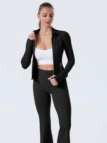 Women's Long Sleeve BBL Jacket With Pockets And Thumb Holes, Running Workout  Activewear Top - 黑色/金色 - 查看 5