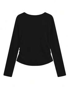 Áo thun dài tay cổ nơ kiểu Mỹ cổ điển dành cho nữ, áo crop top ôm eo tôn dáng, màu đen, thích hợp mặc mùa thu đông 2025. - màu đen - Xem 4