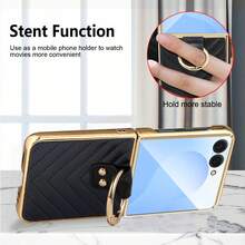 Fashionable Gold-Plated Ring Leather Phone Case With Phone Stand Function, Includes Tempered Glass Screen Protector, Compatible With Samsung Galaxy Z Flip 5/6/7 - Black - View 5