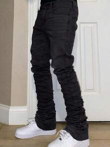 Black Stacked Jeans For Men Slim Fit Stretch Denim Street Casual Pants - màu đen - Xem 2