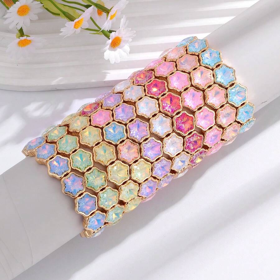 1pc Fashion Mocha Color Ice Flower Bracelet, Candy Color Glass Crystal Alloy Elastic Bangle, Holiday & Thanksgiving Gift - Ice Flower Bracelet - View 1
