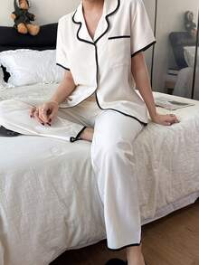 Dreamivo 两件套女士纯色睡衣套装，短袖上衣带口袋和蝴蝶结，长裤，适合所有季节 - 杏色 - 查看 6