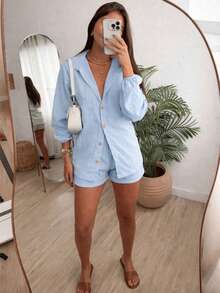 Women's Linen Long-Sleeved Set - Shorts And Shirt - 淺藍色 - 查看 2