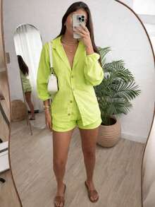 Women's Linen Long-Sleeved Set - Shorts And Shirt - 青檸色 - 查看 2