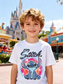 Disney Boys' T-Shirt, Creative Stitch Cartoon Alphabet Print, Summer Cotton Crew Neck Short Sleeve For Boys, Suitable For Everyday Wear, Vacations, Outdoor Activities, And As A Gift For Children. - 白色 - 查看 1