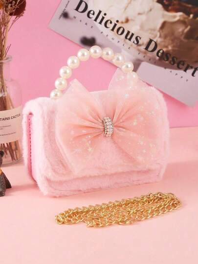 1 pieza Bolso de mano y bolso de hombro con cierre con solapa, de material de felpa PU cómodo, con decoración de cristal de imitación y lazo de malla para niños. Bolsa de merienda de felpa de moda para niñas, adecuada para vacaciones y uso diario.