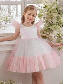 Young Girl Cap Sleeve Heart Decor Party Dress, Tulle Colorblock Princess Dress Fit For Birthday Party, Banquet, Prom, Wedding Flower Girl, Holiday Celebration - 淺粉色 - 查看 4