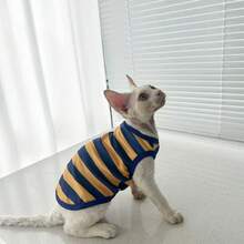 Hairless Cat Devon Rex Striped Vest, Small/Medium Pet Clothing, Machine Washable For Home Wear - Blue - View 12