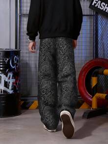 ONE . DINY 美式复古腰果花提花阔腿牛仔裤，深色街头风黑灰渐变时尚休闲裤 - 黑色 - 查看 2