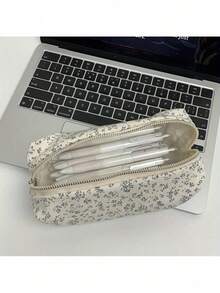 Floral Canvas Pencil, Durable Multi-Functional Storage Bag Pens, Cosmetics, Stationery Accessories, Desk Accessories, Pen Holder. - 紫色鉛筆盒 - 查看 1