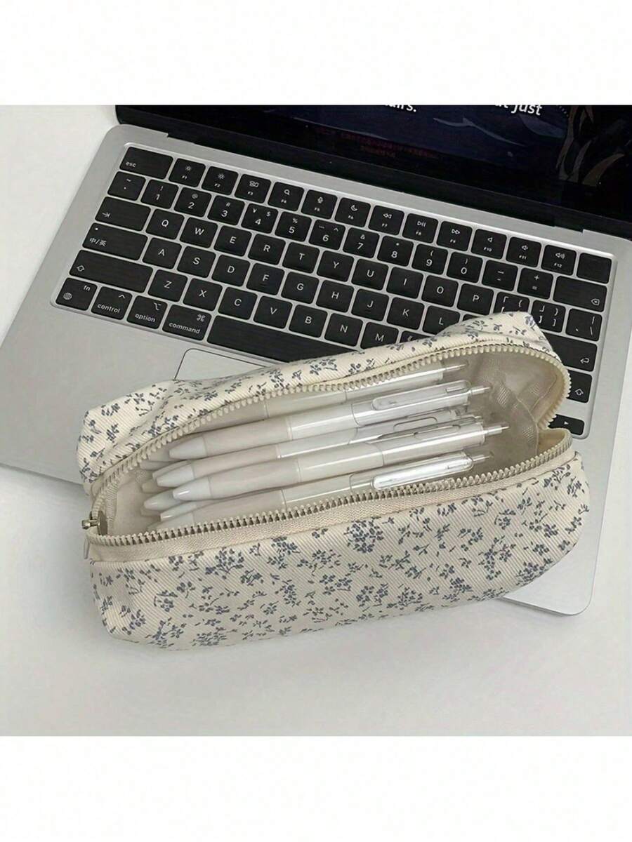 Floral Canvas Pencil, Durable Multi-Functional Storage Bag Pens, Cosmetics, Stationery Accessories, Desk Accessories, Pen Holder. - 紫色鉛筆盒 - 查看 1