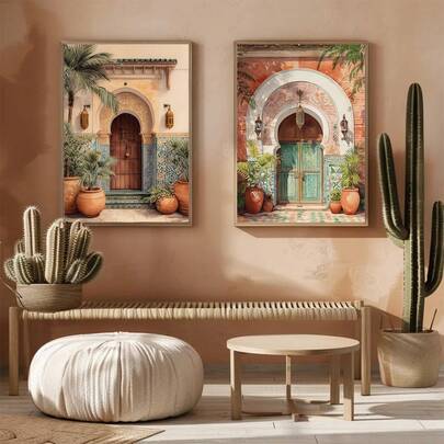 Moroccan Wall Art Neutral Boho Print Set Of 2, Moroccan Interior Home Landscape Art Poster, Terracotta Cactus Decor, Berber Pouf And Basket Poster, Minimalist Home Earth Tones Art, No Frame