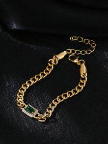1pc Copper Alloy Elegant Green Cubic Zirconia Inlaid White Edged Rectangular Pendant Necklace Chain Bracelet For Men - Yellow Gold - View 5