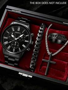 4pcs/Set Casual Business Men's Quartz Watch Set, Including 1pc Men's Quartz Watch And All-Black Accessory Set (Metal Band Roman Numeral Chronograph Watch, Chain Bracelet, Cross Necklace, Textured Ring) - Black - View 6
