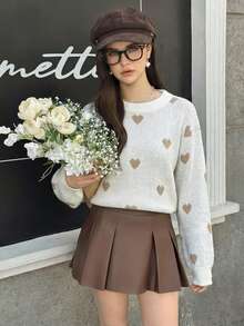 1pc Casual Outdoor Exercise Street Style Petite Heart Pattern Loose Fit Crew Neck Knit Sweater, Warm Thick For Spring, Autumn & Winter, Suitable For Teen Girl - White - View 2