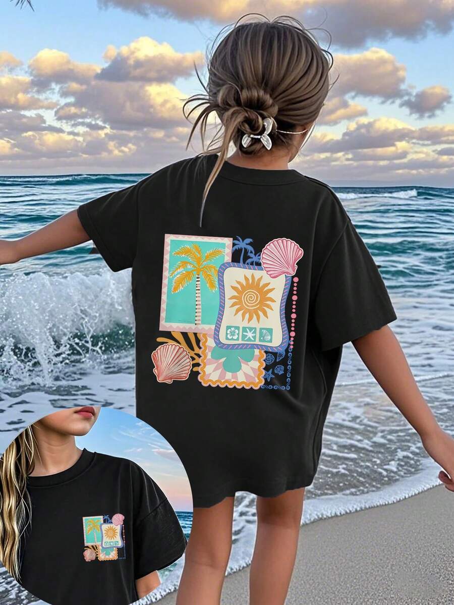 Tween Girls' Tropical Summer Print Short Sleeve T-Shirt, Student Young Casual Wear, Prepared For Girls Going To Play In Summer - Black - View 1