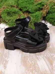 新款女童厚底黑色凉鞋，蝴蝶结布艺魔术贴设计，圆头，适合夏季、校园、度假穿着 - 黑色 - 查看 9