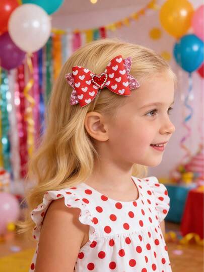 2pcs Valentine's Day Hair Clips, Heart Pattern Print, Shiny Pink Heart Shaped Hair Clips, Suitable For Valentine's Day Party, Teens Hair Accessories