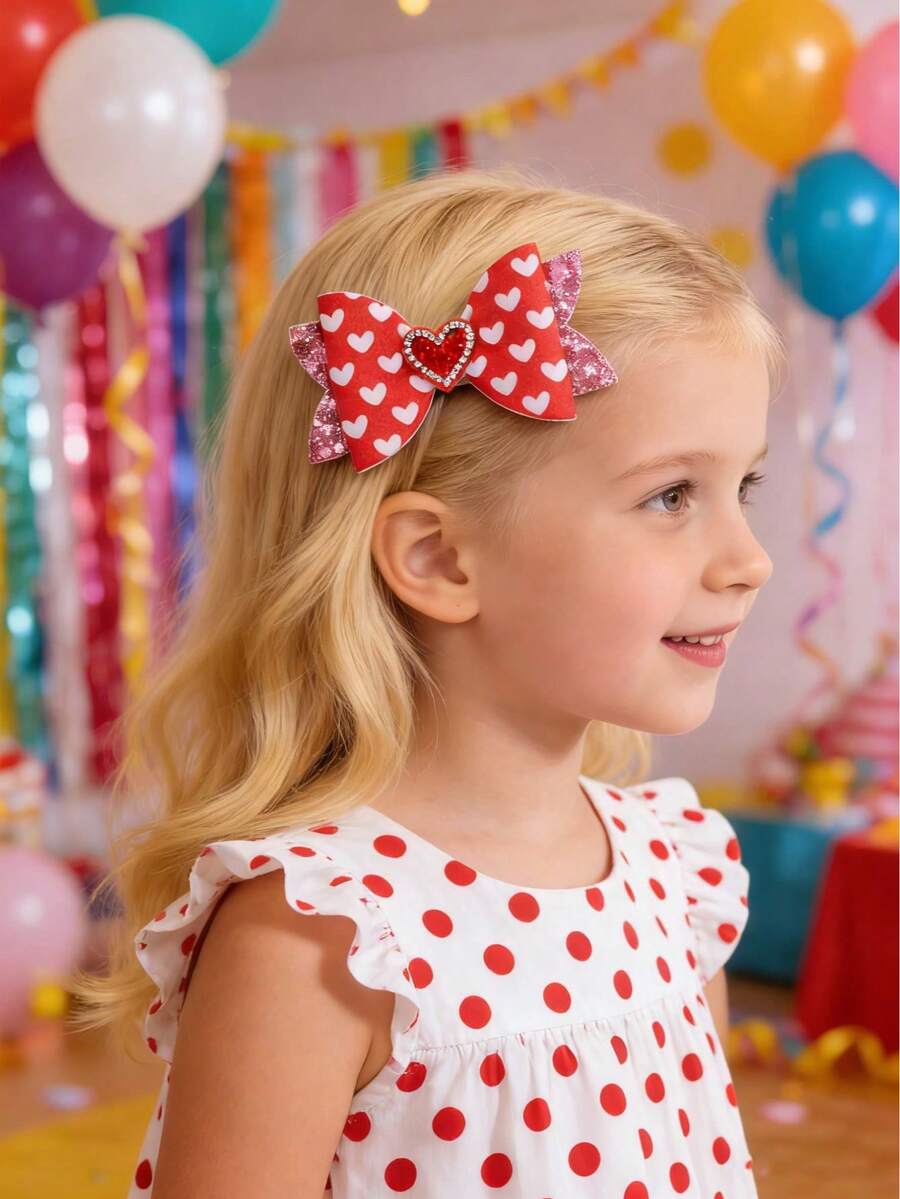 2pcs Valentine's Day Hair Clips, Heart Pattern Print, Shiny Pink Heart Shaped Hair Clips, Suitable For Valentine's Day Party, Teens Hair Accessories