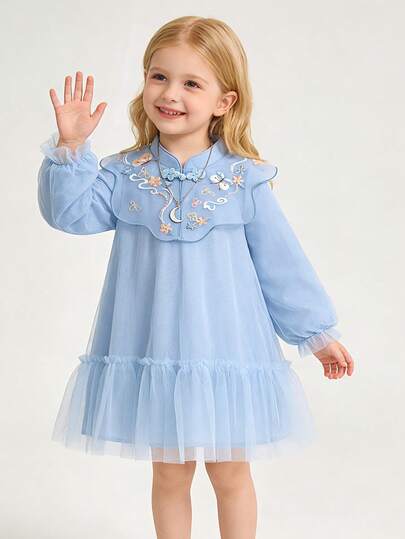  Mini Bala 女童甜美网纱连衣裙，新款春季薄纱连衣裙，高腰A字公主风