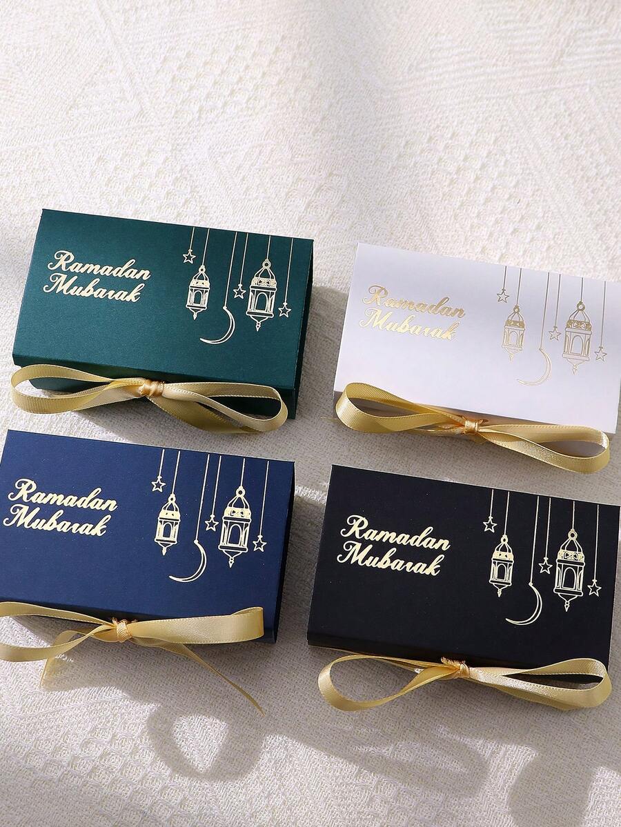 10pcs Eid Mubarak Candy Boxes - Gold Lantern & Crescent Moon Pattern, Rectangular Paper Boxes With Ribbons, Ramadan Holiday Party Candy Containers, Suitable For Eid Al-Fitr. - Multicolor - View 1