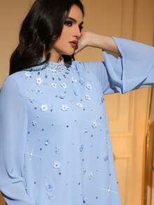Solessence Elegant Long Sleeve Arabic Dress, Decorated With Pearl And 3D Rose Beaded Stand Collar, Woven Fabric - Sky Blue - View 8