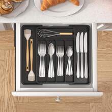 Silverware Drawer Organizer, Expandable Utensil Tray For Kitchen, Flatware And Cutlery Holder, Adjustable Plastic Storage For Spoons Forks Knives, 8.5"-14.1" X 12.1", Black - 黑色 - 查看 6